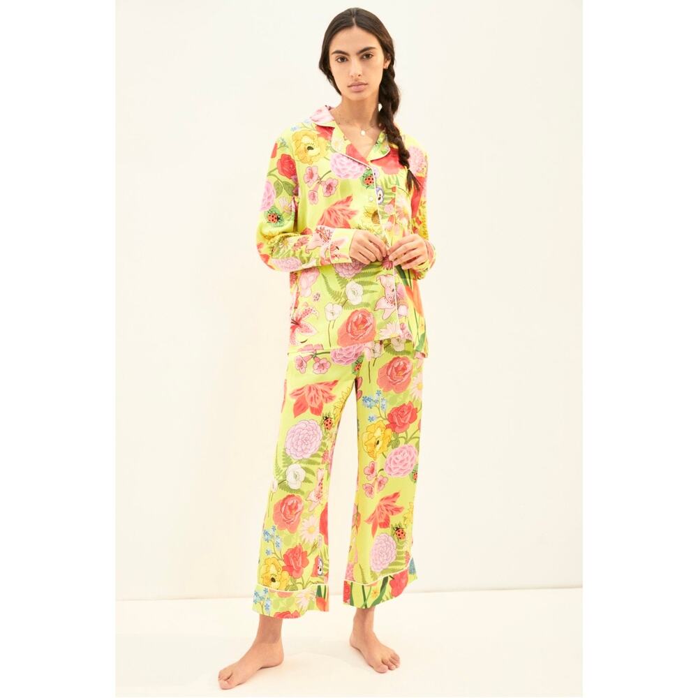 Karen Mabon Anthropologie Yellow Pink Florita Florist Pajama Satin Set Medium